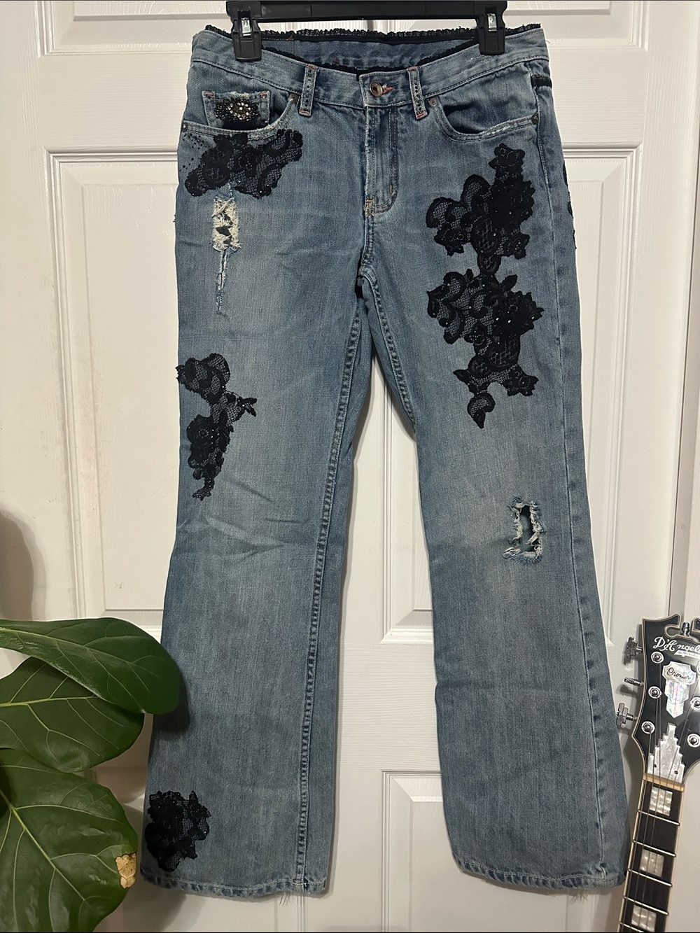 Low Rise Blue Jeans with Black Lace and Embroiderer Appliqué